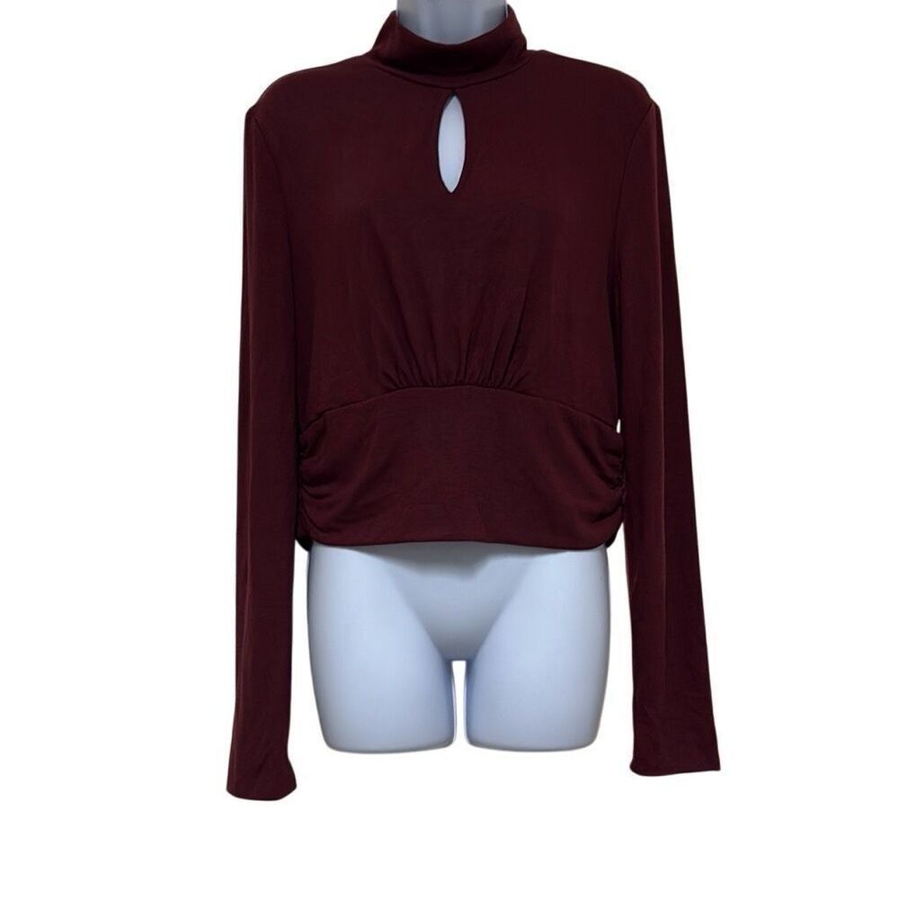 Brea Canyon XL Burgundy Mock Neck Keyhole Long Sleeve Banded Hem Top‎ NWT Office